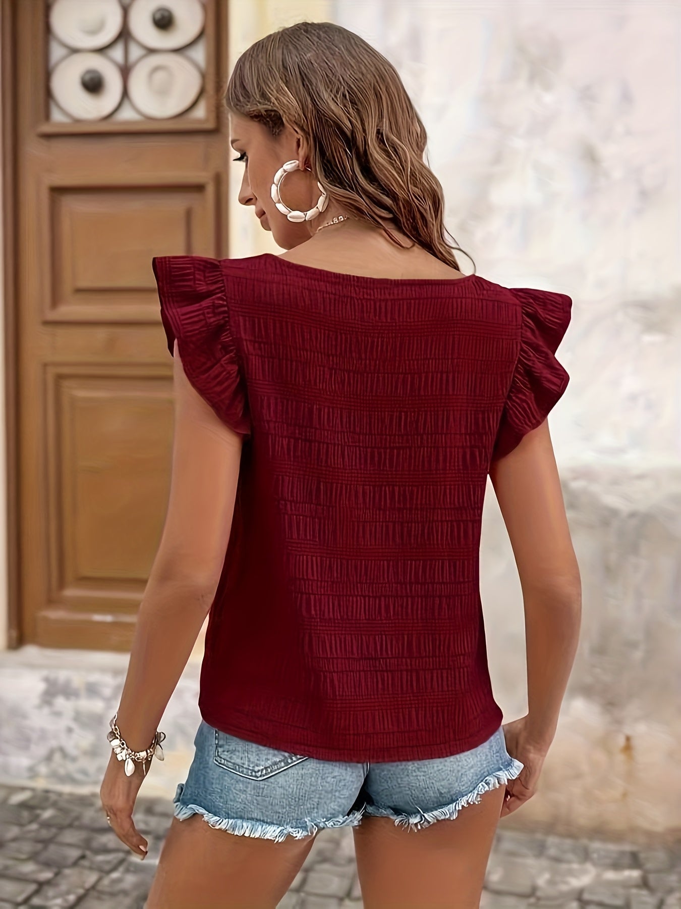 Damen Sommer-Top mit Rüschenärmeln und quadratischem Ausschnitt – Modisches Freizeitshirt für den Alltag