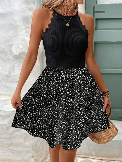 Damen Sommerkleid Elegant mit Häkelspitze und Blumenmuster für Freizeit und Alltag