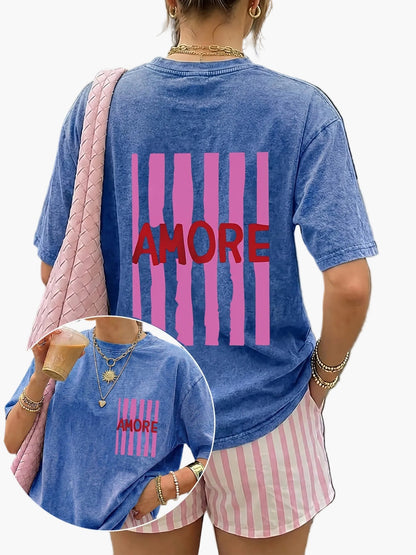 Damen Oversize T-Shirt mit AMORE Print und Streifen – Trendiges Casual Streetwear für den Sommer