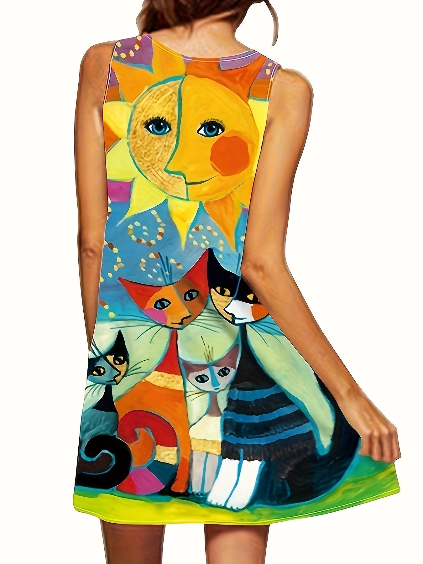 Damen Kleid mit Katzen und Sonne – Künstlerisches Vintage Freizeitkleid, ärmellos, locker, für Frühling und Sommer