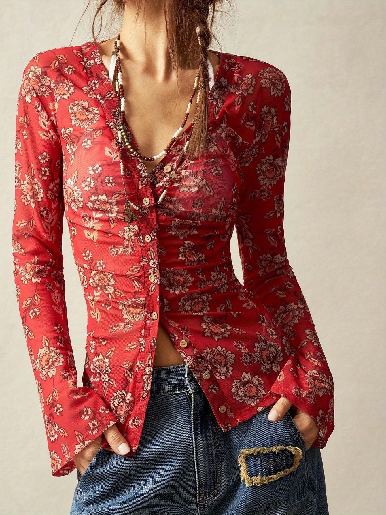 Damen Blusen-Top mit Blumenmuster und Knopfleiste – Modischer Freizeit-Look