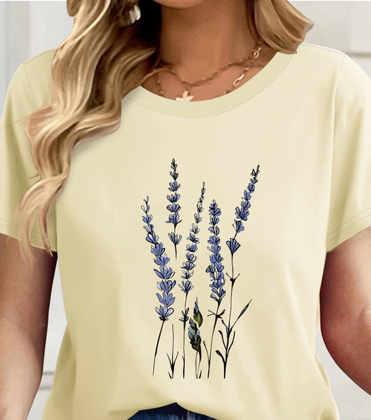 Damen T-Shirt mit Wildblumen-Print – Künstlerisches Blumenmotiv, Kurzarm, Modern Freizeitstil