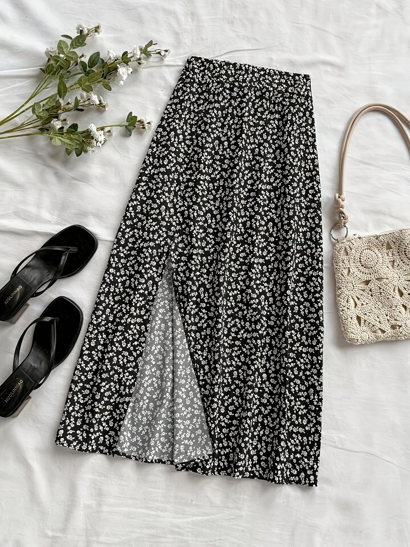 Damen Midi-Rock mit Blumenmuster und Schlitz – Eleganter Freizeitrock für Alltag & Ausgehen