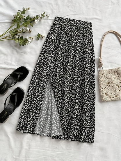 Damen Midi-Rock mit Blumenmuster und Schlitz – Eleganter Freizeitrock für Alltag & Ausgehen