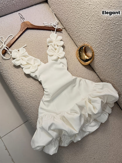 Damen Elegantes Minikleid mit Blumenapplikationen und Rüschenrock – Festlich & Feminin