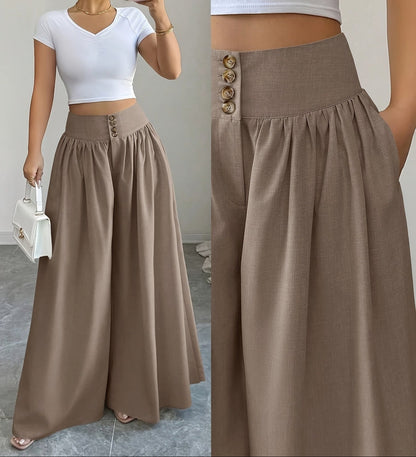 Damen Weite Palazzo-Hose mit High Waist und Knopfdetails – Elegante Freizeit- und Ausgeh-Hose