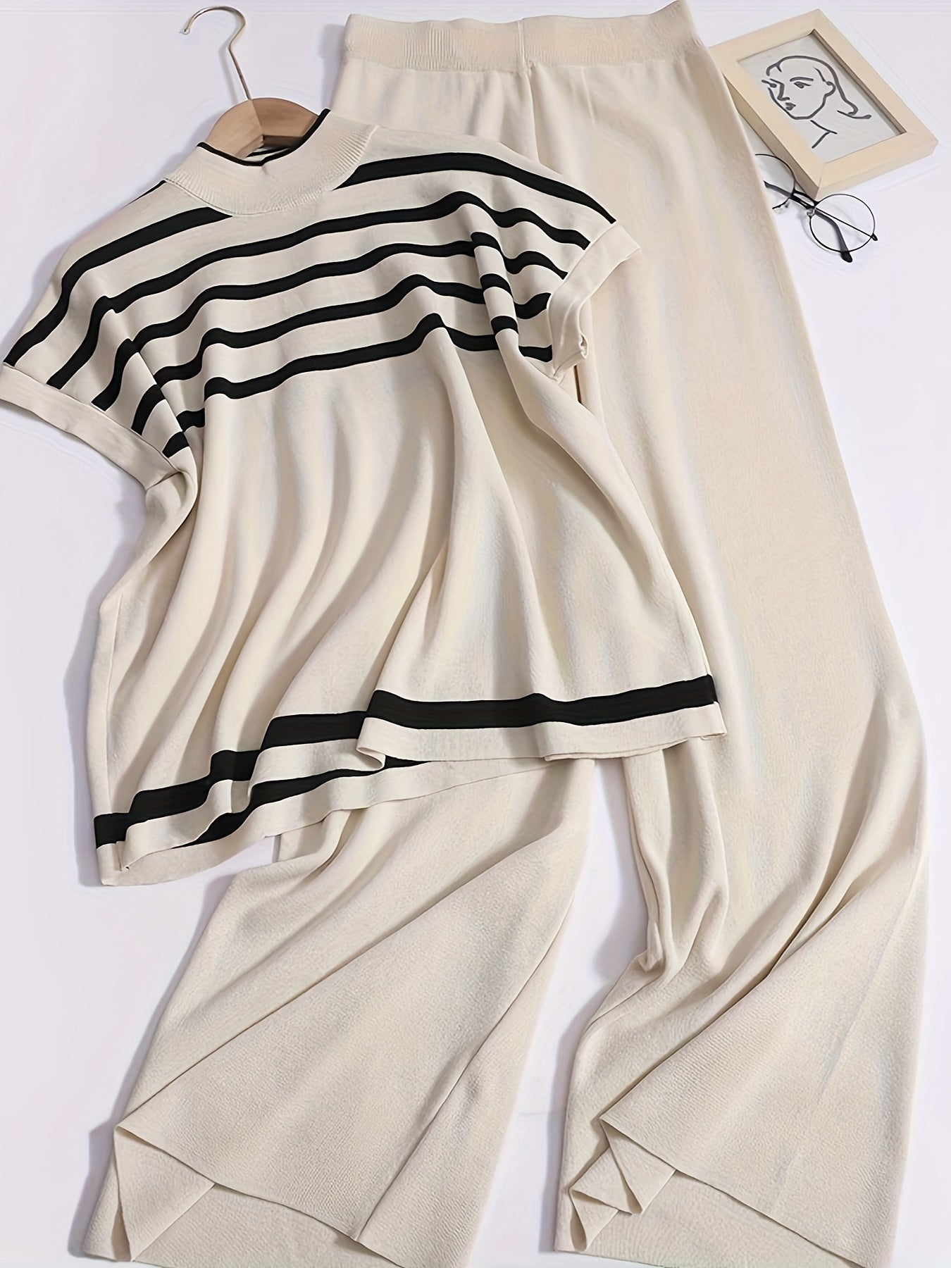 Damen Elegantes Streifen-Set mit Weitbein-Hose und Oversize-Oberteil – Moderner Business- und Freizeit-Look