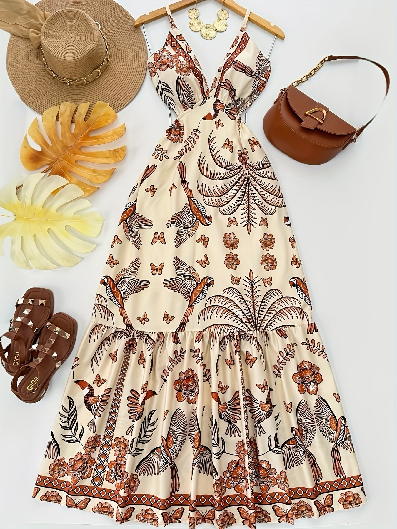 Damen Maxikleid Boho-Style mit tropischem Print und V-Ausschnitt – Perfekt für Urlaub und Sommerfeste