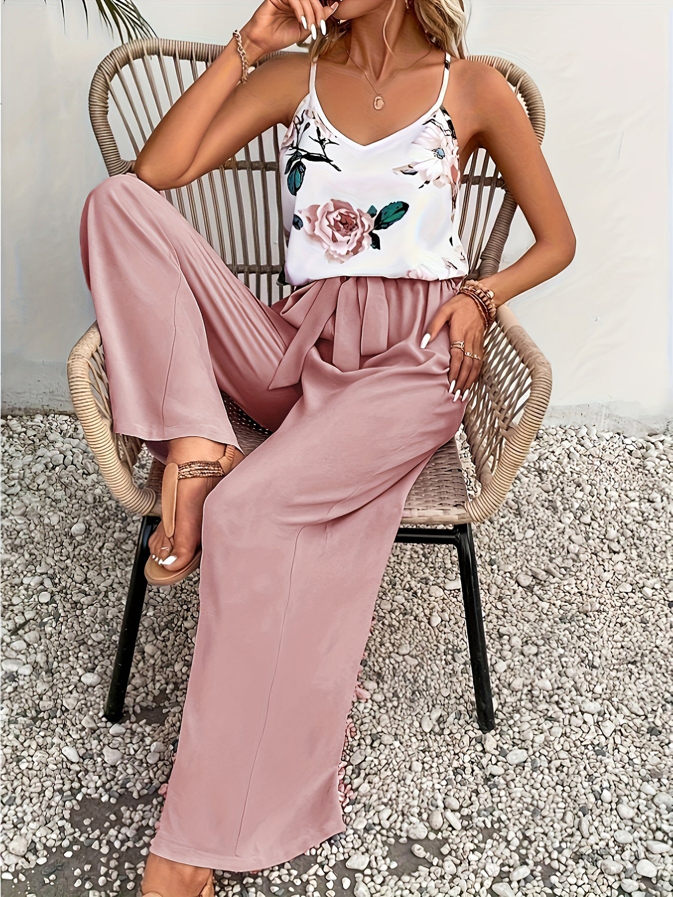 Damen Eleganter Jumpsuit mit Blumendruck und Weitem Bein – Perfekt für Freizeit und Sommer