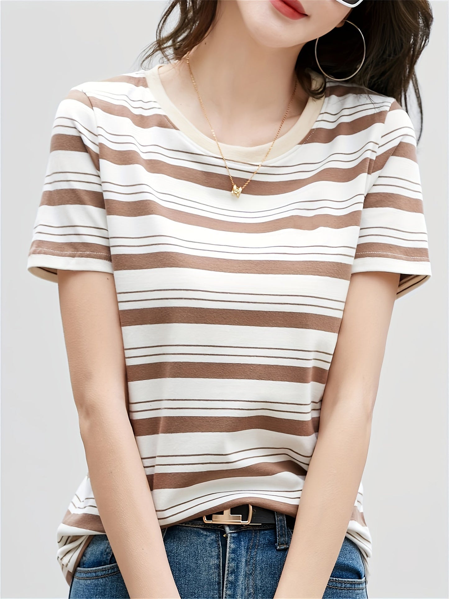 Damen Gestreiftes Casual T-Shirt mit Rundhalsausschnitt – Zeitloses Basic für Alltag und Freizeit