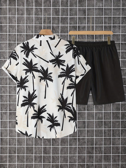 Herren Sommer Strandset – Kurzarm-Hemd mit Palmenmuster und Shorts, lässig für Urlaub & Freizeit