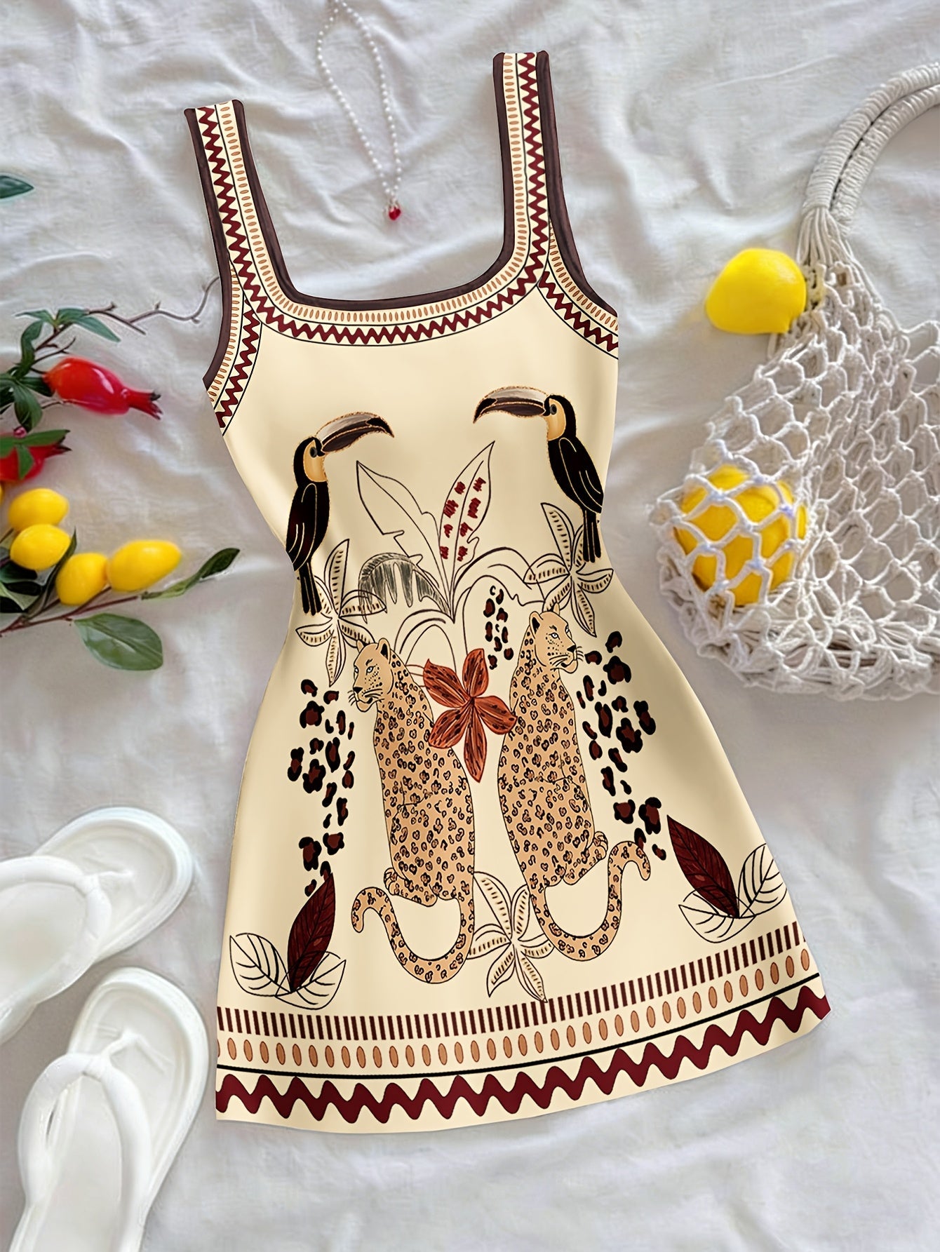 Damen Mini Kleid mit exotischem Tier- und Pflanzenmuster, Boho-Style, Freizeit & Urlaub