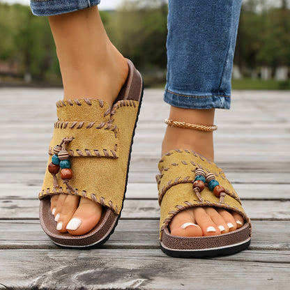 Damen Boho Slide Sandalen mit Perlendetails – Bequeme Sommerschuhe für Freizeit & Urlaub