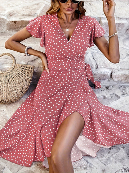 Damen Polka Dot Wickelkleid mit Rüschen – Eleganter Sommerstil für Alltag und Urlaub