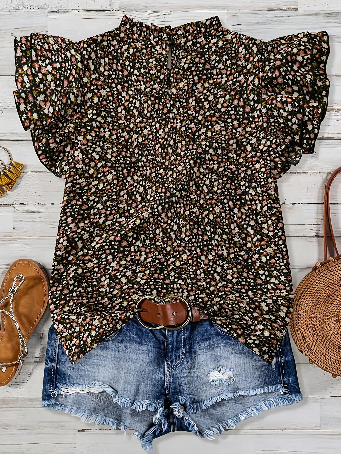 Damen Sommer Blusenshirt mit Rüschen und Blumendruck – Luftiges Freizeit Top