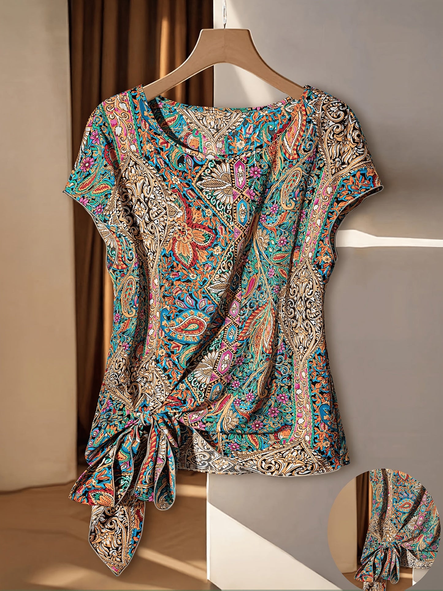 Damen Boho-Bluse mit Paisley-Muster und asymmetrischem Knoten – Elegantes Sommer-T-Shirt für Freizeit und Büro