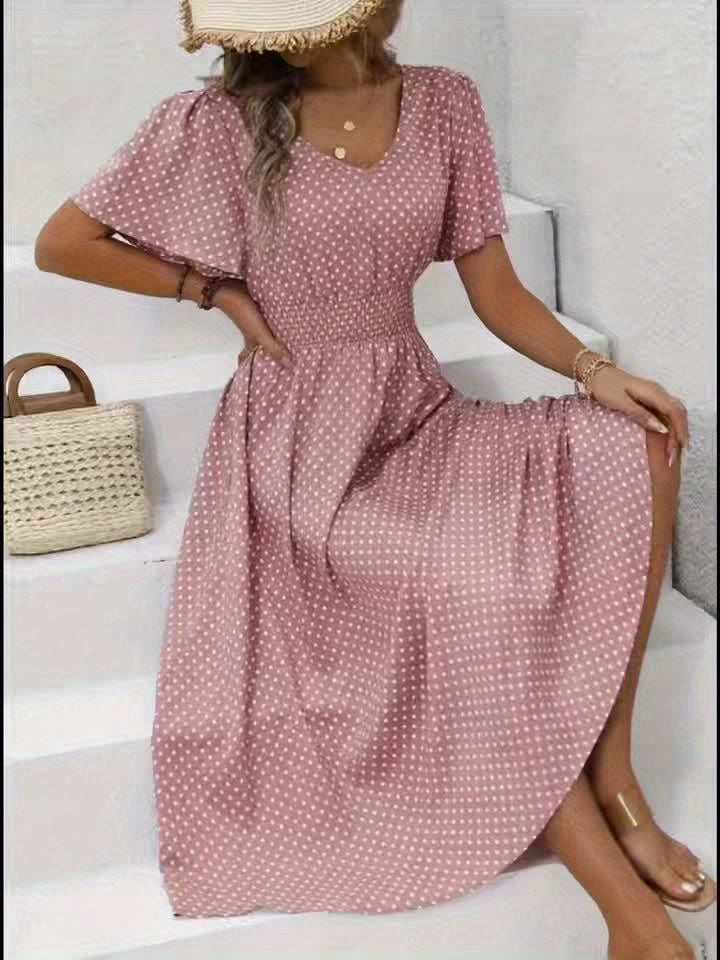 Damen Sommerkleid mit Punkten, V-Ausschnitt, elegant und luftig für Alltag & Urlaub