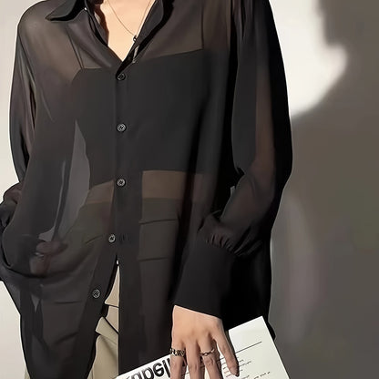 Damen Bluse Transparent Locker mit Knopfleiste – Eleganter Lagenlook für Alltag und Events