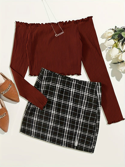 Damen Off-Shoulder Zweiteiler Set – Elegantes Oberteil mit Falten & Karierter Minirock – Perfekt für Frühling und Sommer