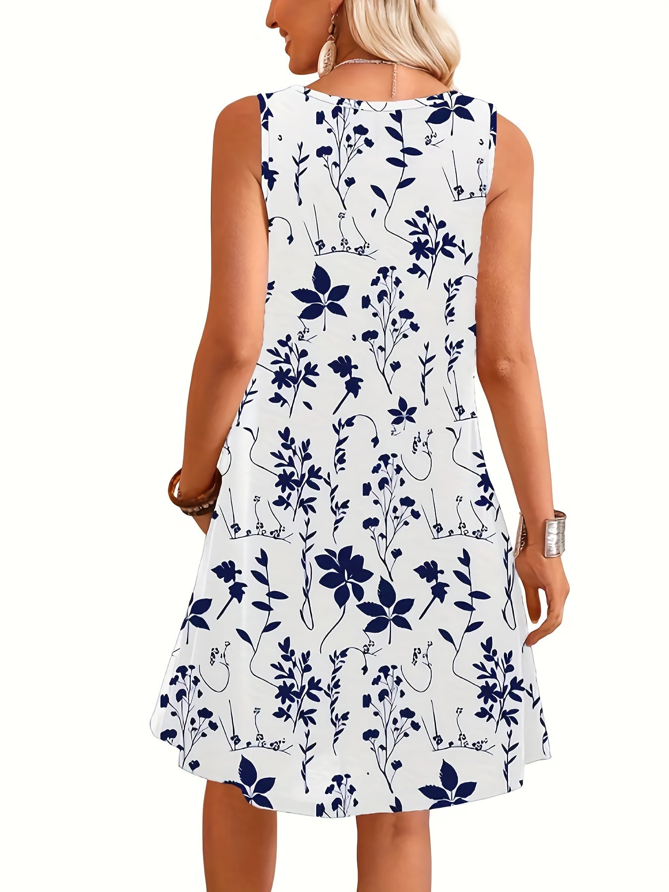 Damen Sommerkleid ärmellos mit floralem Print, elegantes Freizeitkleid für Alltag und Urlaub