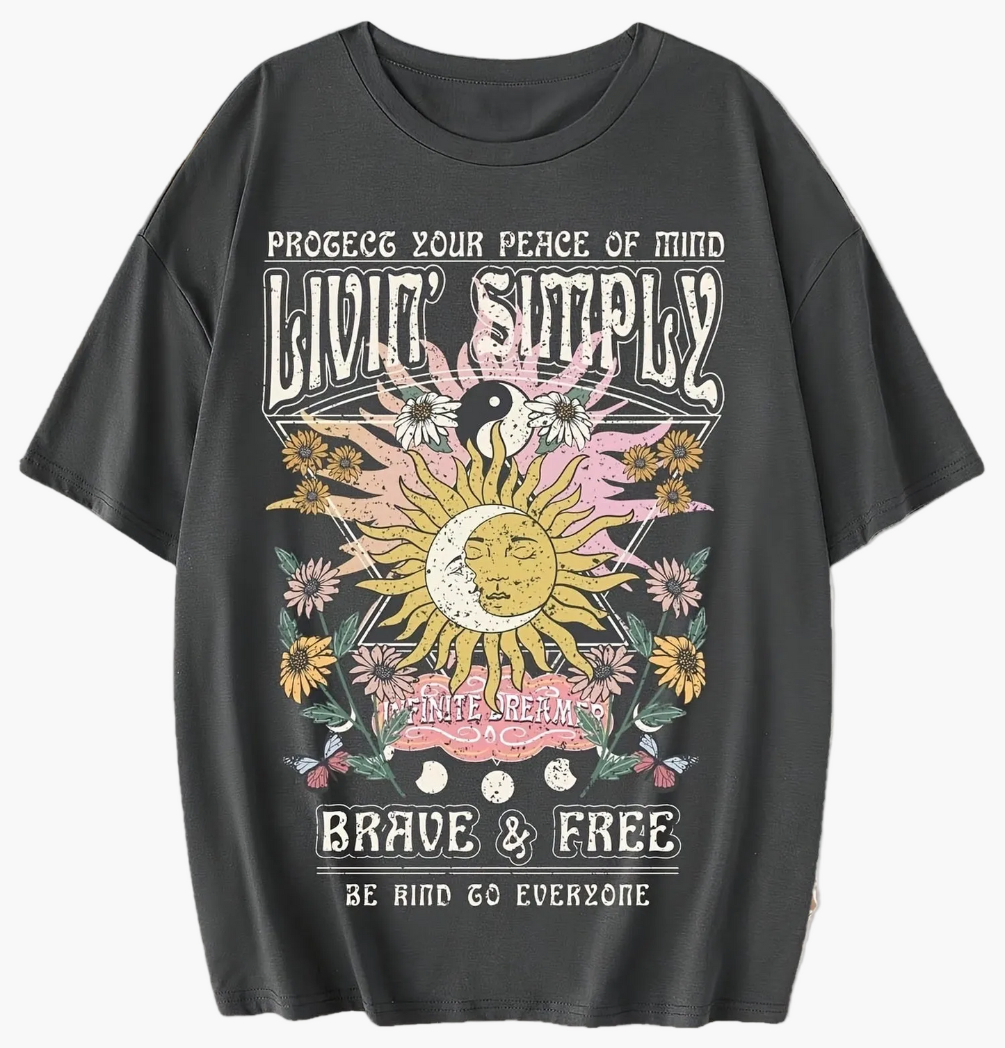 Damen T-Shirt im Boho-Stil mit Sonnendruck und inspirierendem Spruch – Ideal für Freizeit, Festivals & Alltag