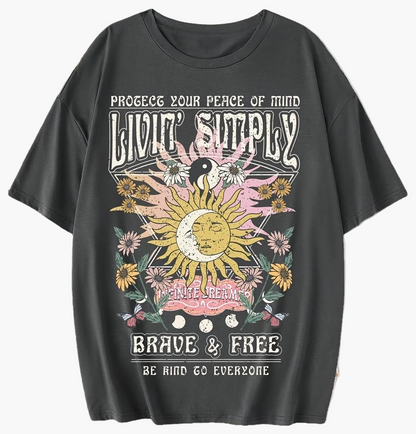 Damen T-Shirt im Boho-Stil mit Sonnendruck und inspirierendem Spruch – Ideal für Freizeit, Festivals & Alltag