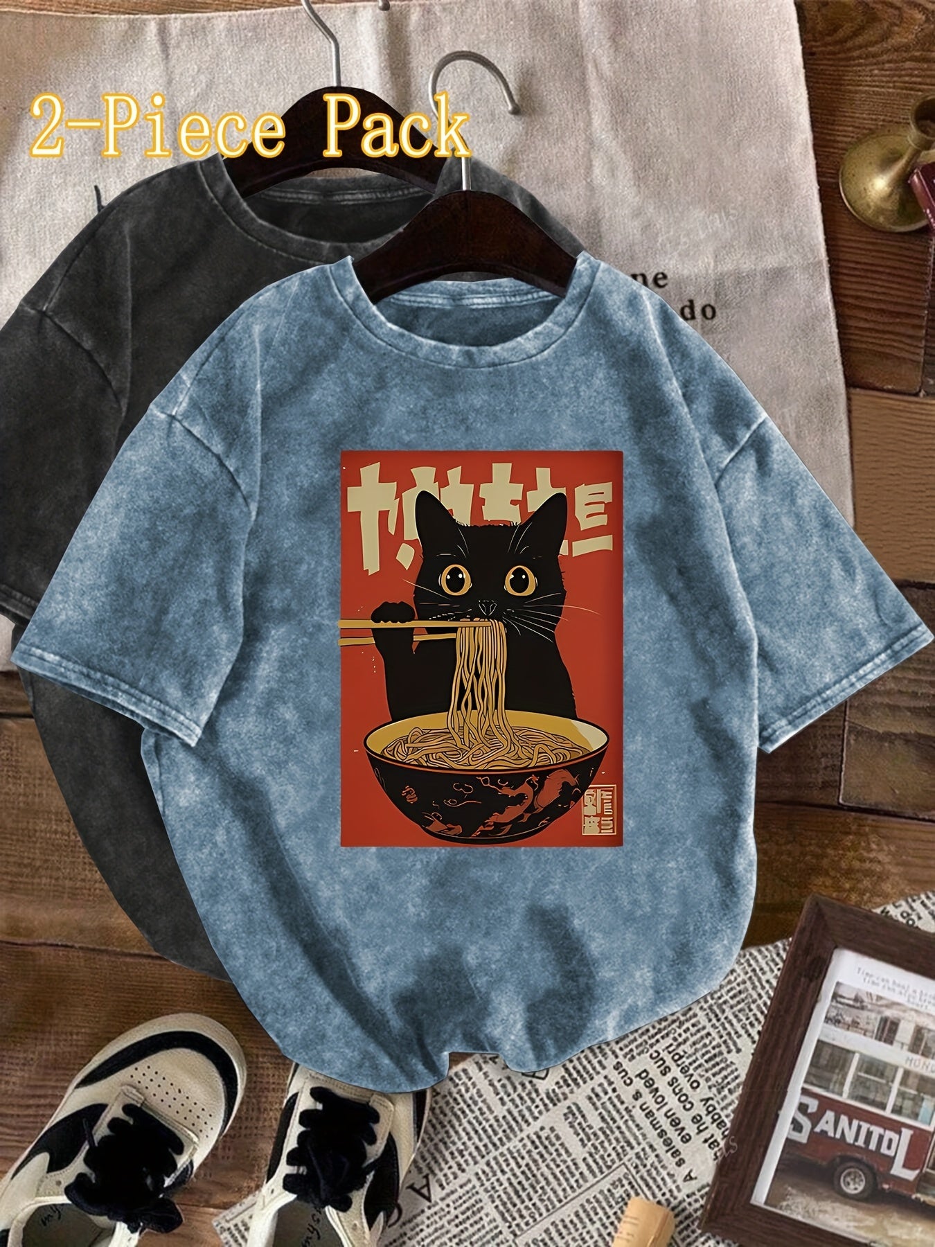 Damen Vintage T-Shirt mit Katzen- und Ramen-Print – Lustiges Streetwear Shirt für Alltag & Freizeit
