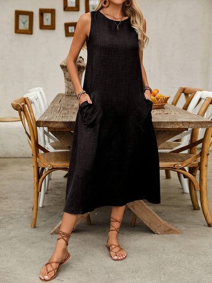 Damen Sommer Freizeitkleid ärmellos mit Taschen – Lockeres Midi Kleid für Alltag und Urlaub