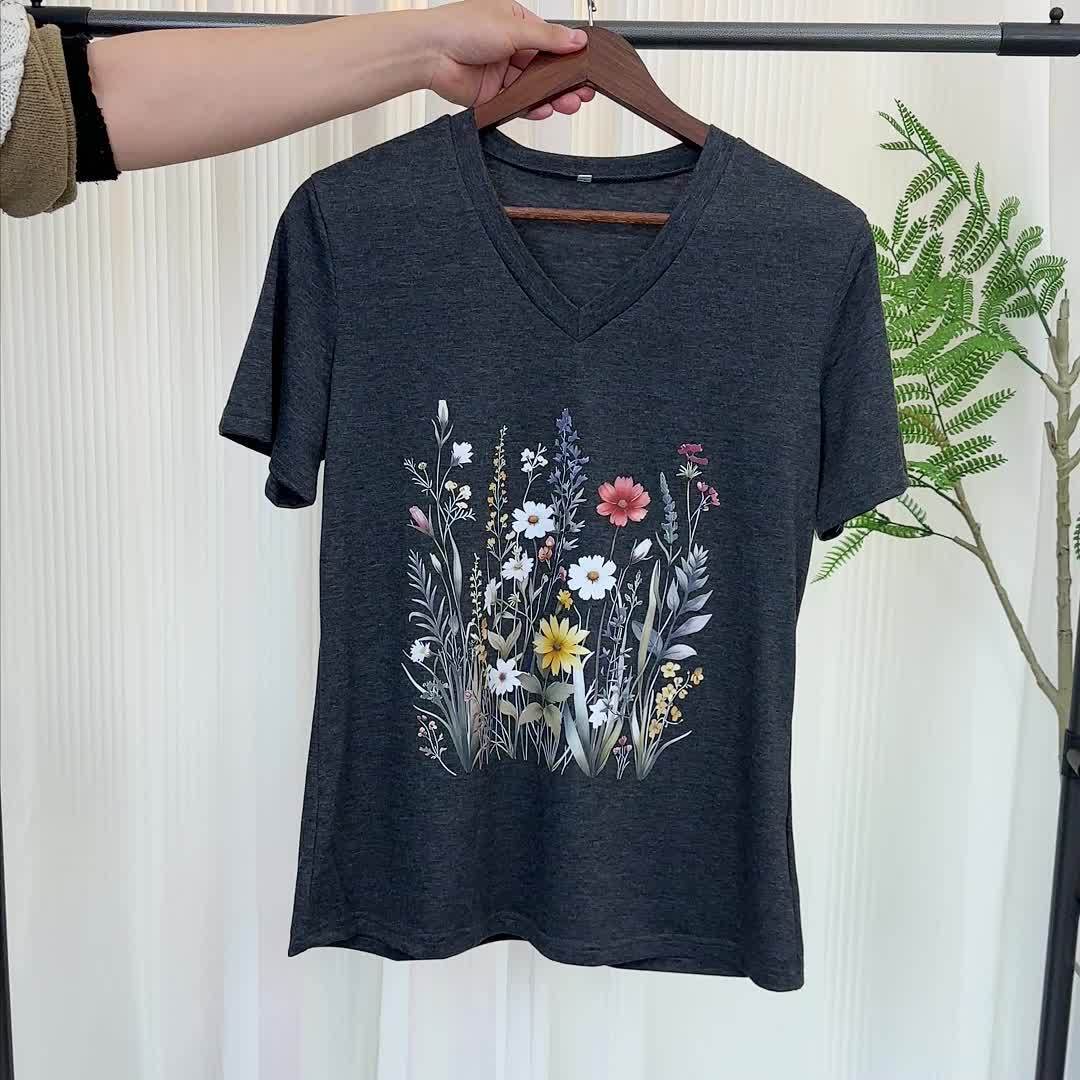 Damen V-Ausschnitt T-Shirt mit Wildblumen-Print, lässig, perfekt für Sommer und Freizeit