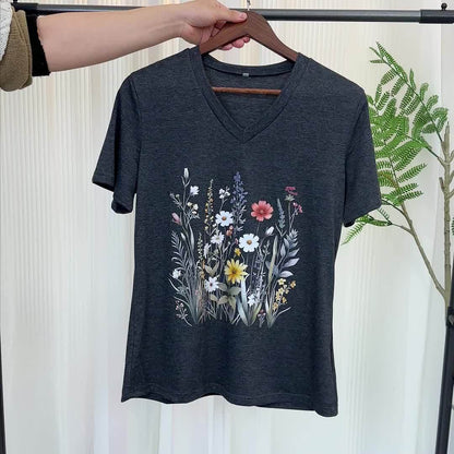 Damen V-Ausschnitt T-Shirt mit Wildblumen-Print, lässig, perfekt für Sommer und Freizeit