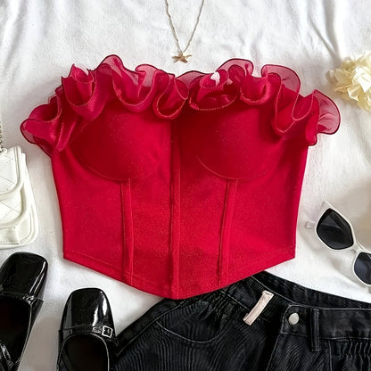 Damen Bustier Top mit Volantkragen – Elegantes, Schulterfreies Corsagen-Oberteil für Party & Ausgehen
