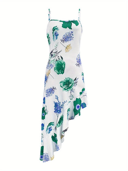 Damen Asymmetrisches Midi-Kleid mit Blumenmuster und Rüschen – Eleganter Look für Feste & Feiern