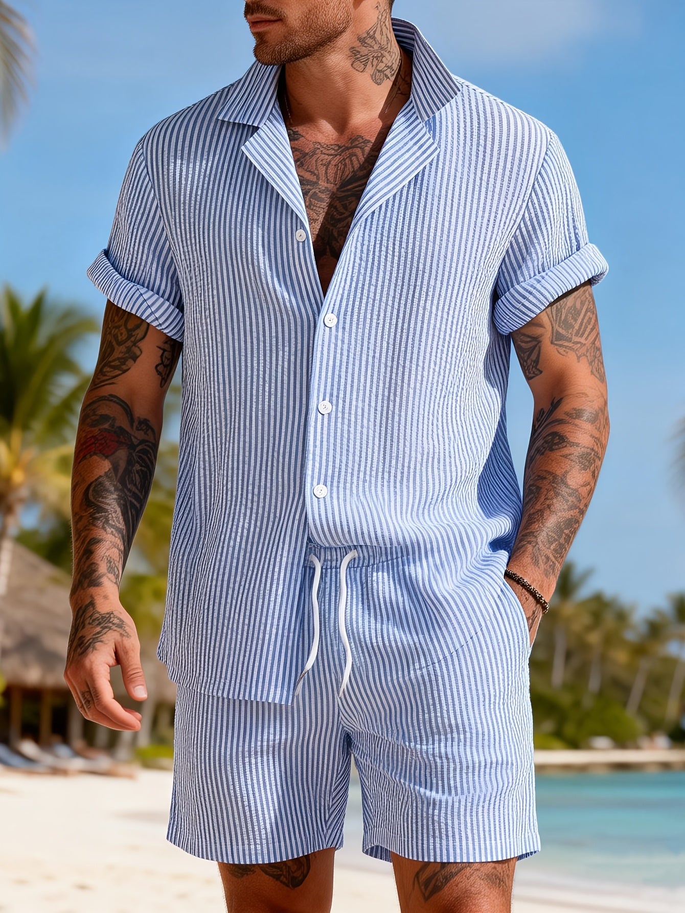 Herren Set Kurzarm Hemd und Shorts mit Streifen – Modernes Strandoutfit für Freizeit und Urlaub