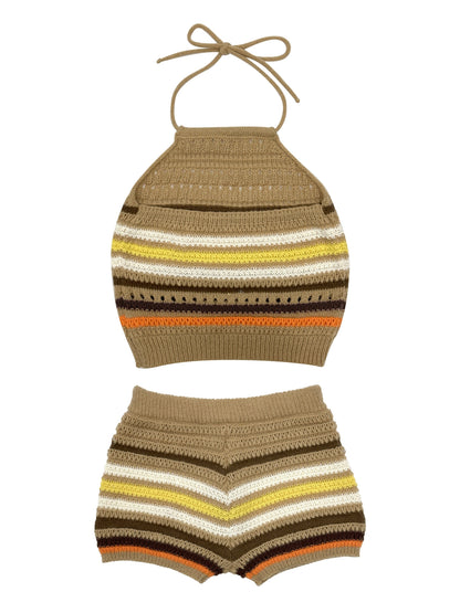Damen Retro Strick Shorts Set Zweiteiler – Y2K Stil Freizeit Outfit