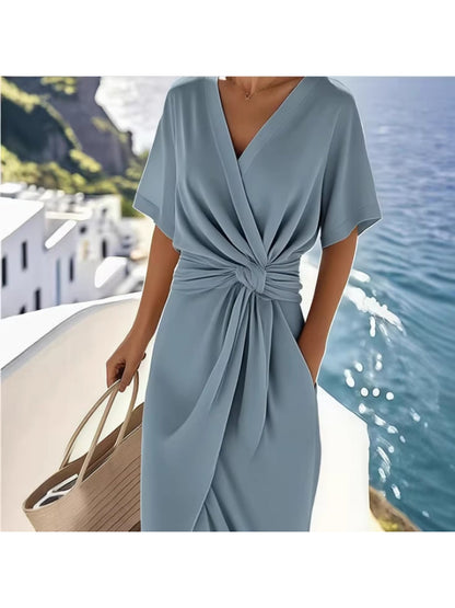 Damen Sommerkleid Elegant Wickelkleid mit Knoten und Kurzarm – Perfekt für Urlaub und Freizeit