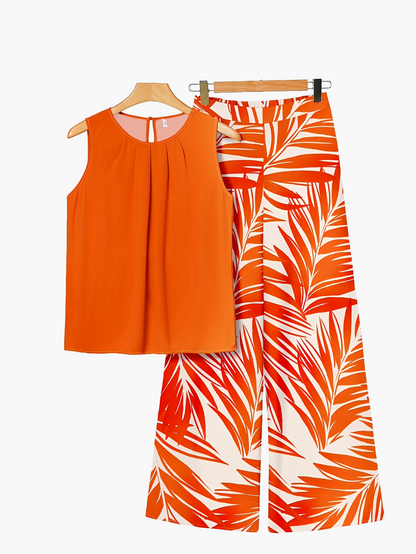 Damen Sommer Palazzo Hose Set – Elegantes Tropenmuster, Ideal für Freizeit & Urlaub