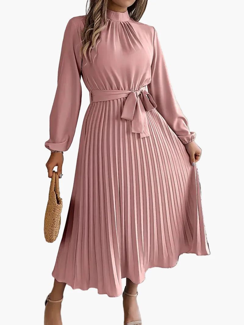 Damen Plisseekleid mit langen Ärmeln und Bindegürtel – Elegantes Midikleid für festliche Anlässe