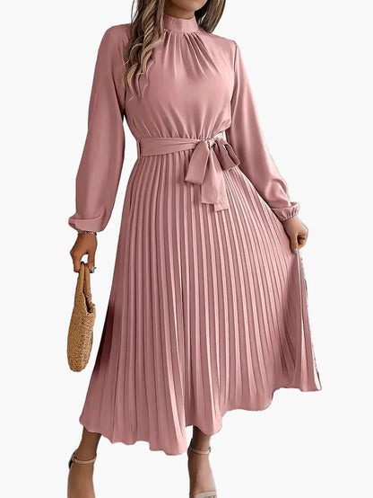 Damen Plisseekleid mit langen Ärmeln und Bindegürtel – Elegantes Midikleid für festliche Anlässe