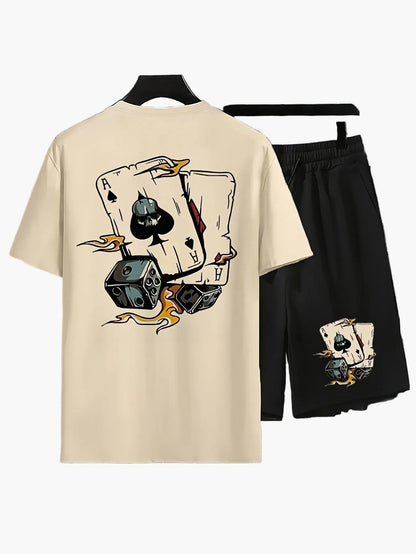 Herren Freizeit T-Shirt & Shorts Set mit Spielkarten-Print – Lässiges Sommer-Outfit für Alltag & Zuhause