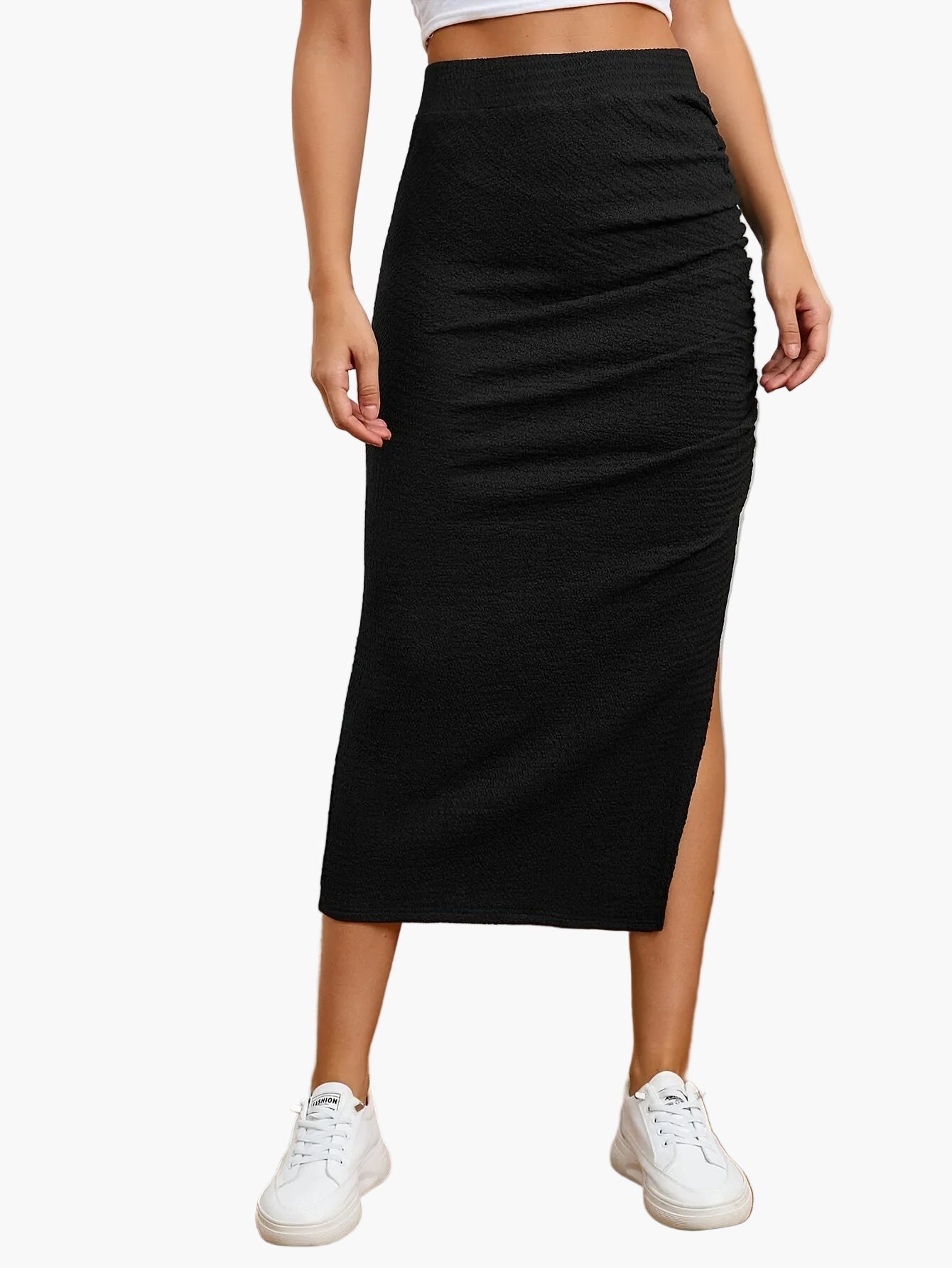 Damen Midirock mit Raffung und Schlitz – Eleganter, modischer Alltagsrock
