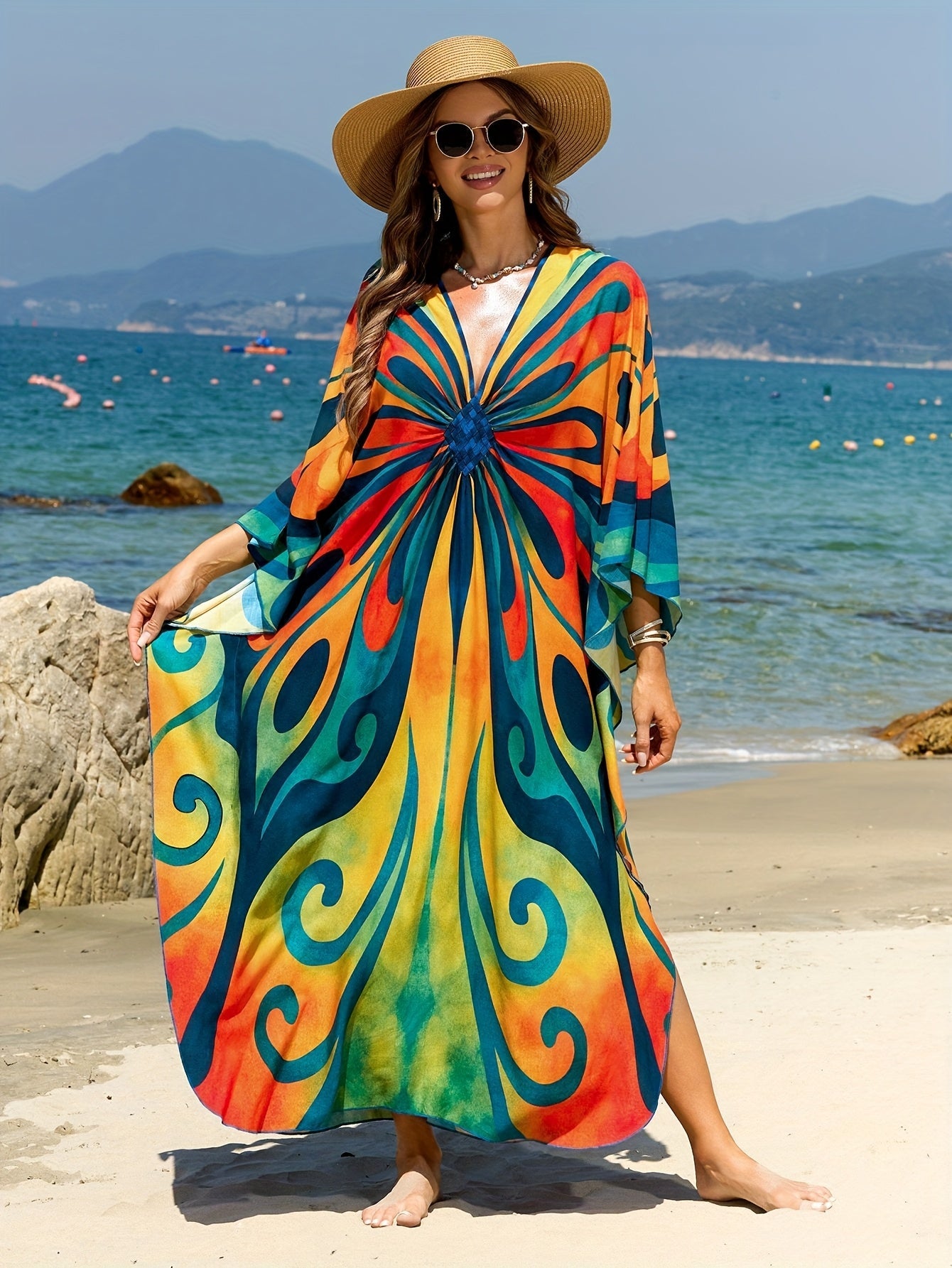 Damen Kaftan Maxi Strandkleid mit Schmetterlings-Print – Boho Urlaubs-Outfit