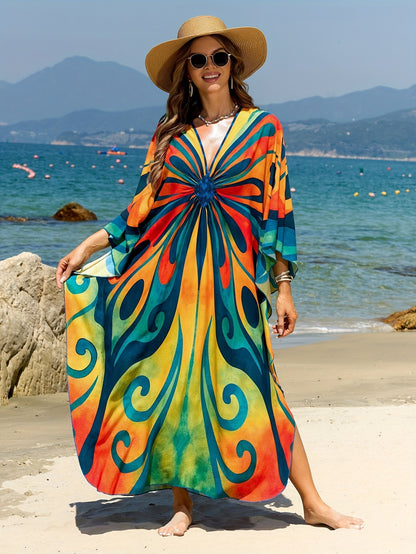 Damen Kaftan Maxi Strandkleid mit Schmetterlings-Print – Boho Urlaubs-Outfit