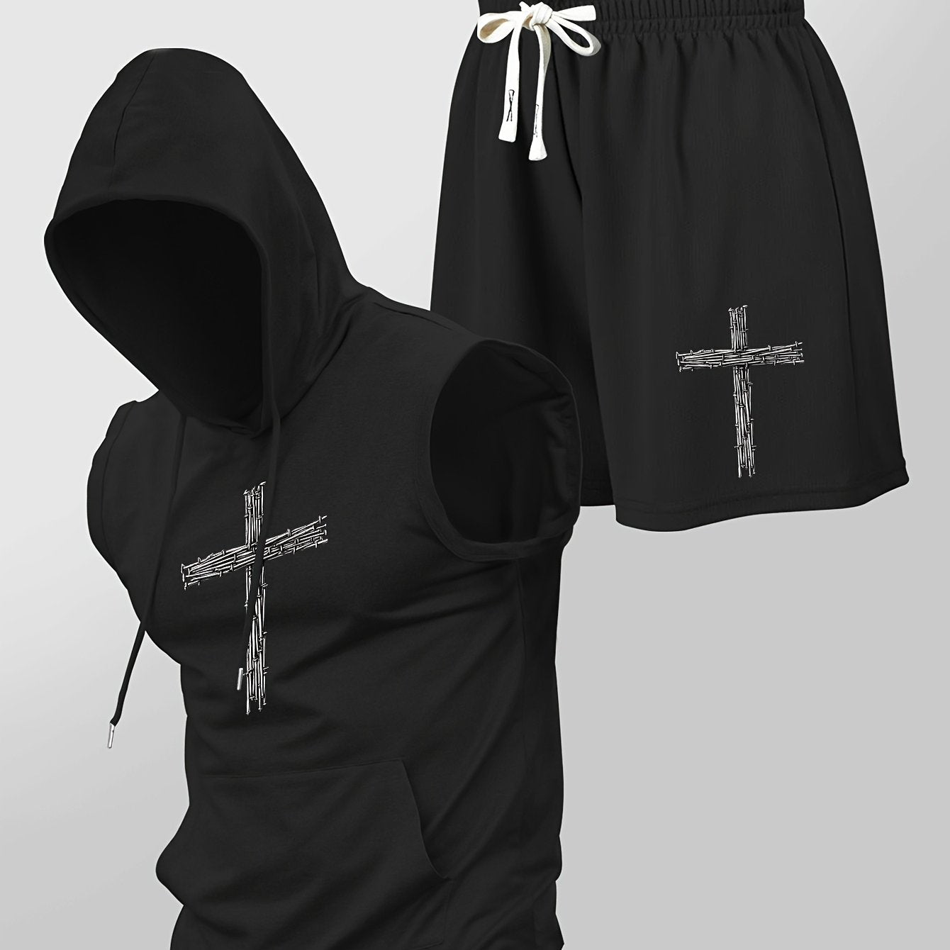 Herren Fitness Set mit Kapuzen-Ärmelloshirt und Shorts mit Kreuz-Print – Sportlicher Streetstyle Zweiteiler