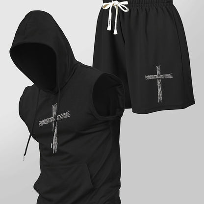 Herren Fitness Set mit Kapuzen-Ärmelloshirt und Shorts mit Kreuz-Print – Sportlicher Streetstyle Zweiteiler