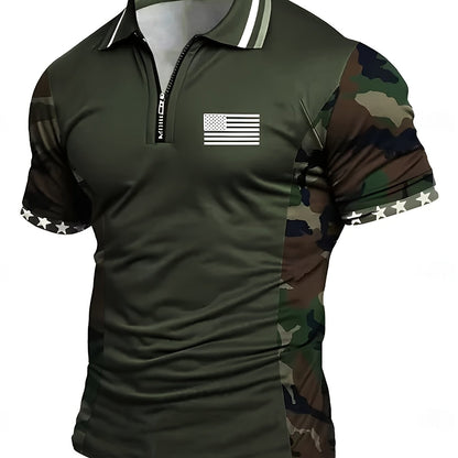 Herren Polo Shirt mit Tarnmuster, Reißverschluss und Flaggen-Design – Sportlich und Lässig für Outdoor und Freizeit