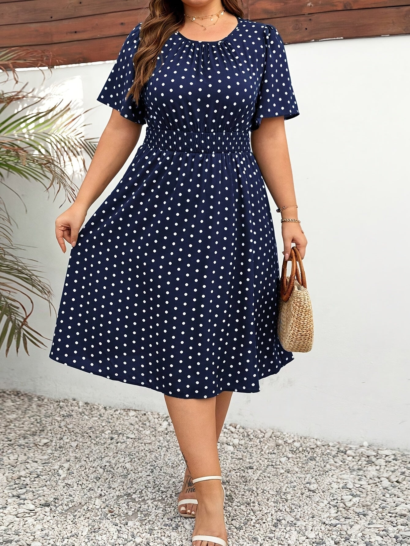 Damen Polka Dot Midikleid Elegant Freizeit Ausgeh-Outfit