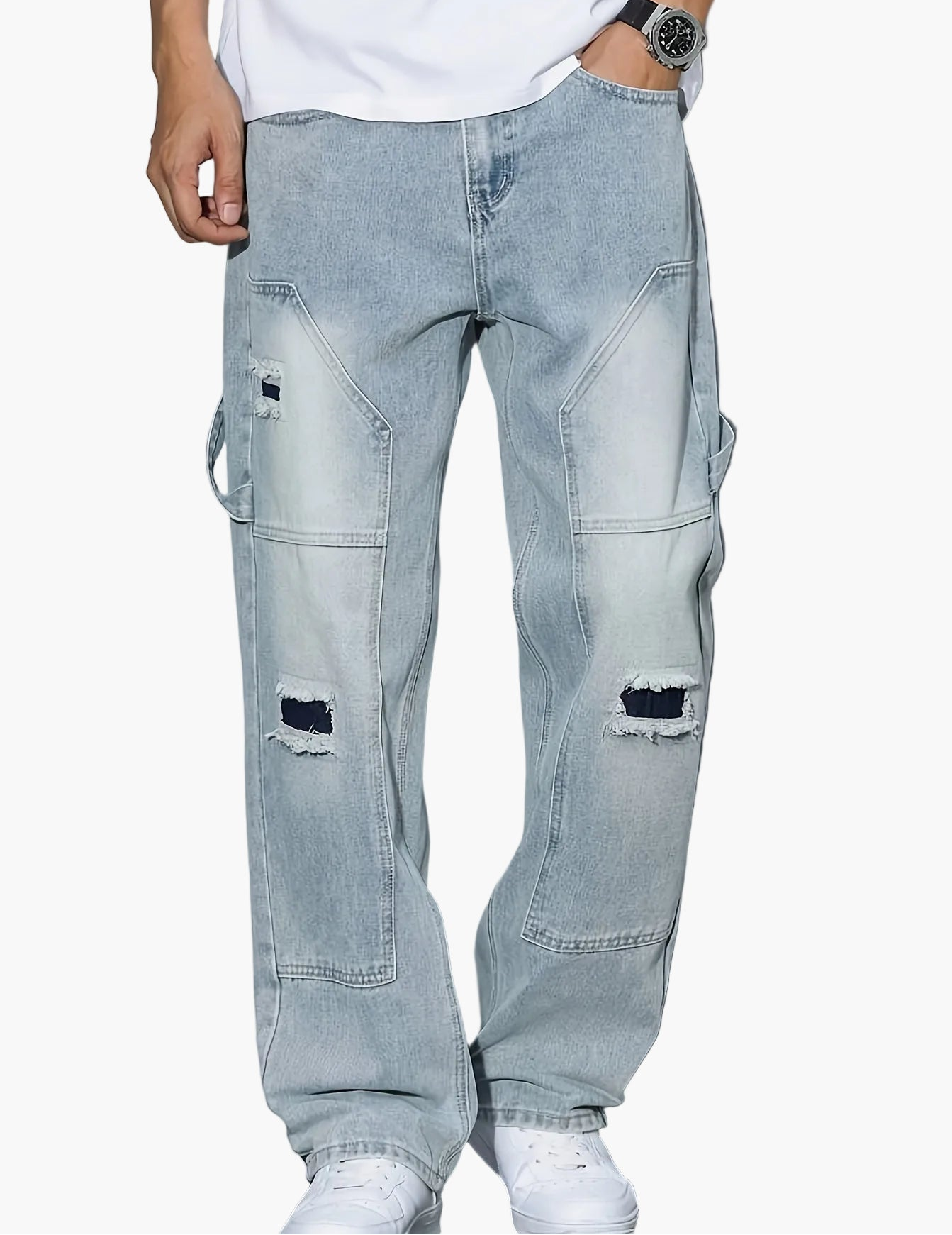 Herren Cargo Jeans im Used-Look – Locker geschnittene Streetwear Denim Hose mit Rissen