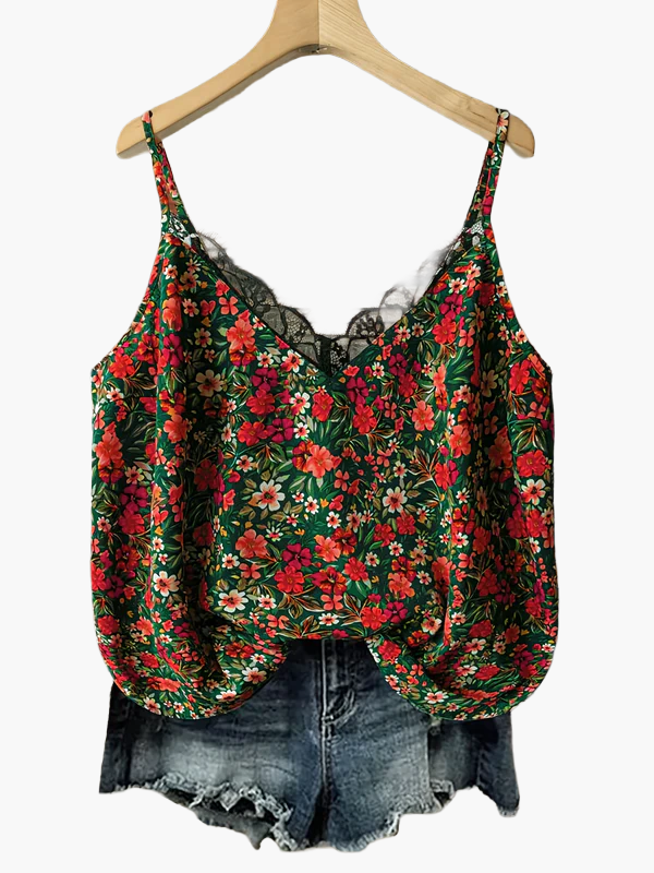 Damen Sommer-Top mit Blumenmuster und Spitzen-Detail – Lässiges Trägertop für Freizeit und Urlaub