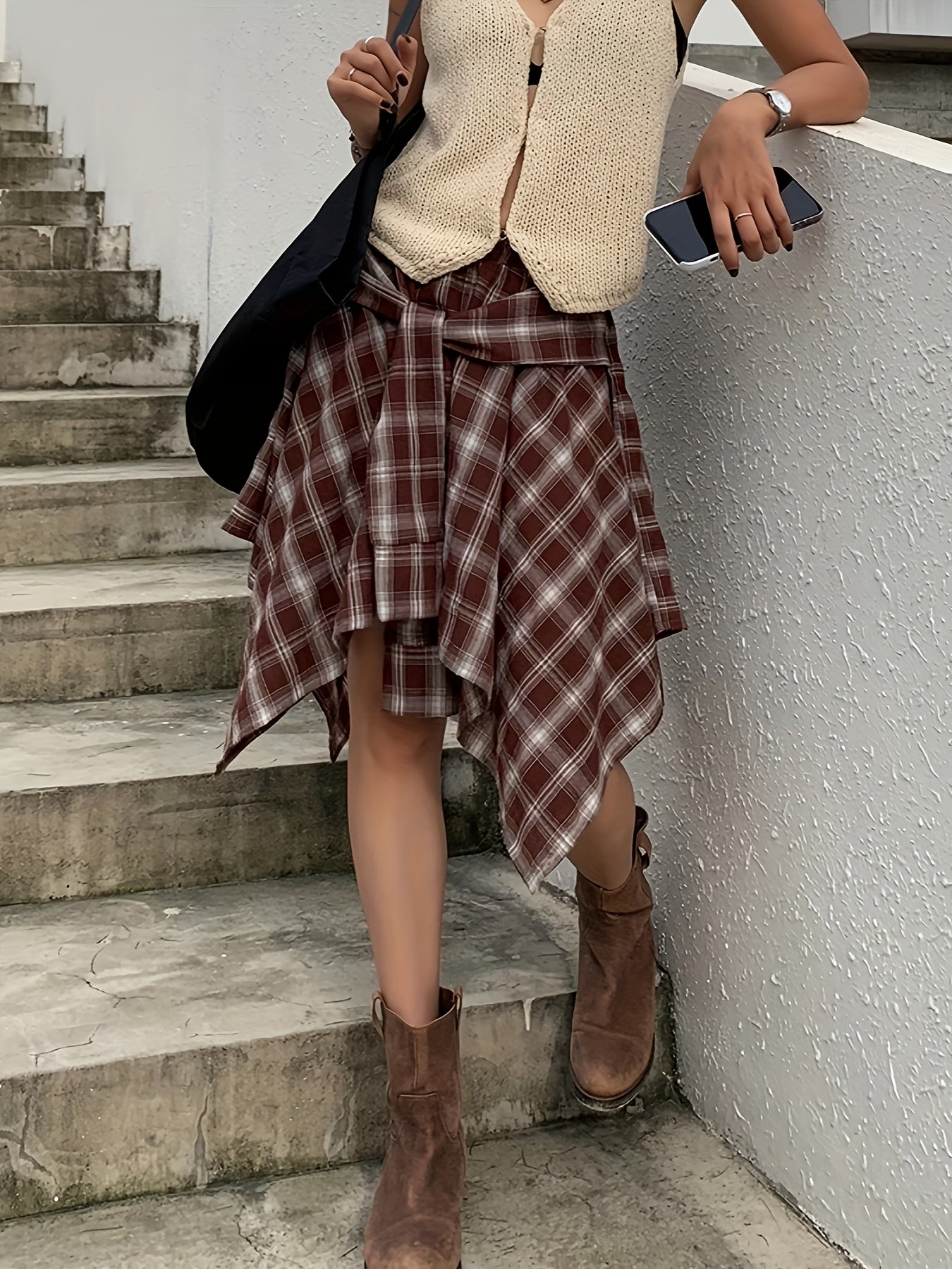 Damen Asymmetrischer Streetstyle-Rock mit Karo und Knotendetail – Urbaner Freizeitlook