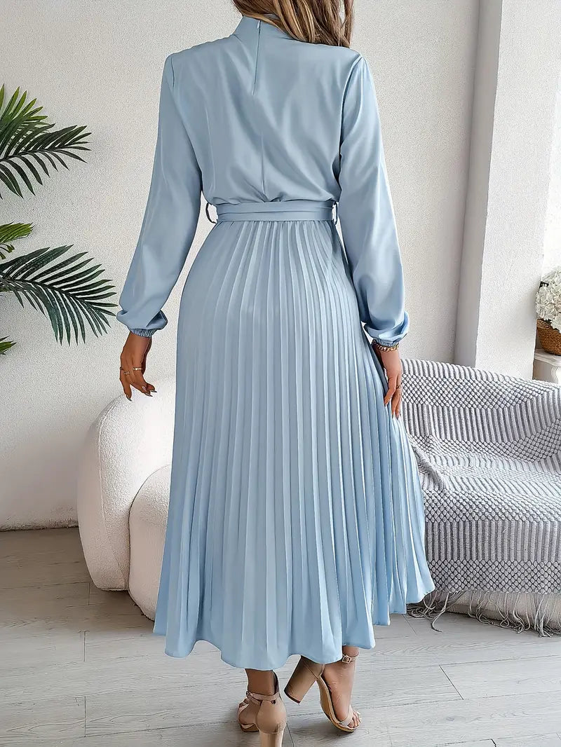 Damen Plisseekleid mit langen Ärmeln und Bindegürtel – Elegantes Midikleid für festliche Anlässe